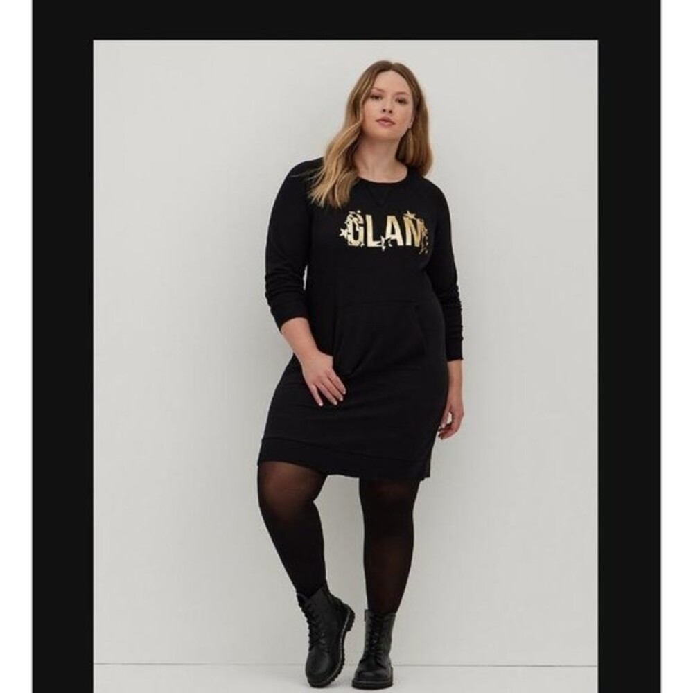 NWT Torrid 00 GLAM Gold & Black Cozy Fleece Pullover Dress w Pocket Med/Large